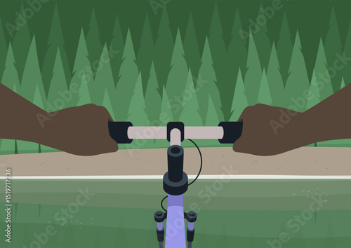 POV of Pedaling through lush greenery, hands gripping the handlebars, a peaceful forest unfolds ahead, inviting an exhilarating adventure surrounded by nature's beauty