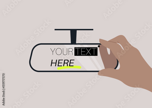 A hand reaches to adjust a rearview mirror, showcasing a clean and stylish interior in a vehicle, This emphasizes the importance of visibility and comfort while driving