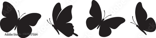 Four black butterfly silhouettes against a white background.