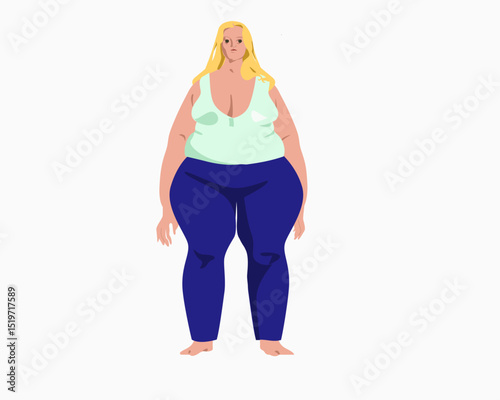 
Woman with fat body, chubby figure. Attractive plus-size girl. Chunky woman in casual clothes. Flat graphic vector illustration, isolated on white background.