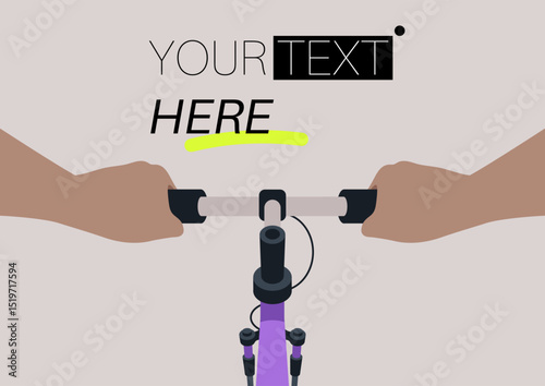 POV of Hands firmly gripping the handlebars of a colorful bike against a serene backdrop, Your text here copy space