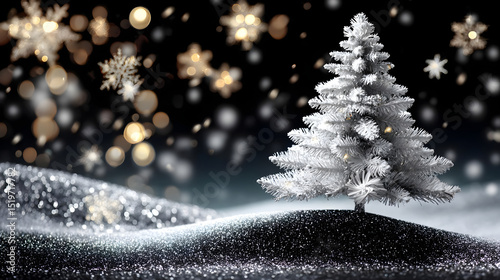 Sparkling White Christmas Tree with Snowflakes and Glowing Orbs