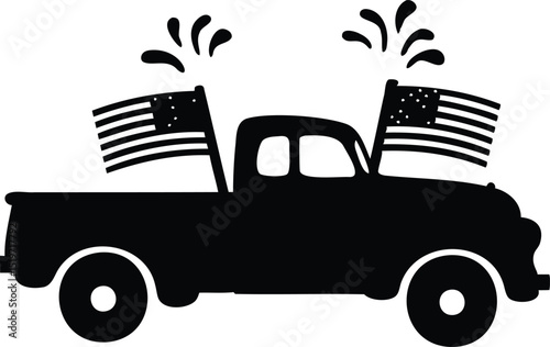 Vector black silhouette of a vintage pickup truck with two waving American flags and festive splash decorations perfect for patriotic holidays, parades, USA celebration, and Independence Day themes