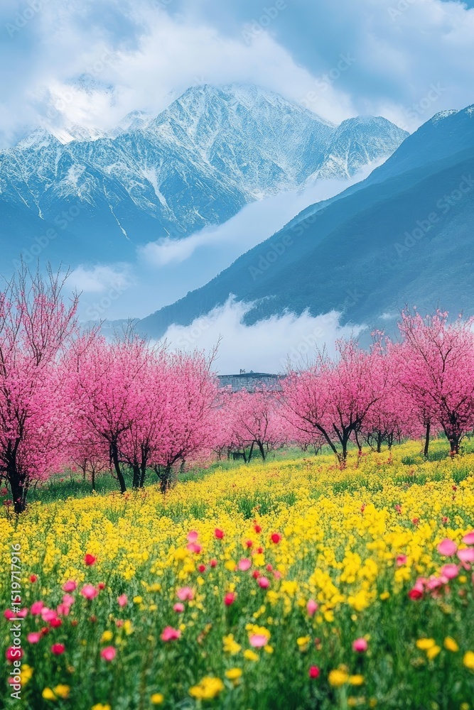 Fototapeta premium Peach trees with red flowers on the plateau