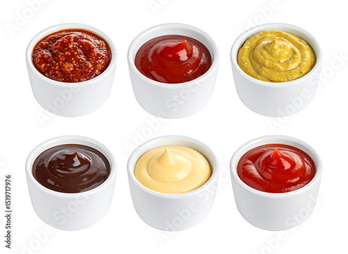 Variety of Condiment Sauces in White Ceramic Bowls