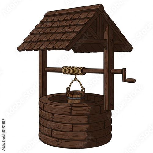 Old wooden water well with bucket, rope, and crank handle, detailed vector illustration on white background