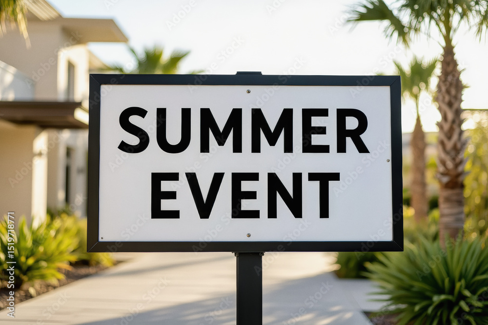 Fototapeta premium A black and white sign boldly displays SUMMER EVENT against a blurred tropical outdoor background.