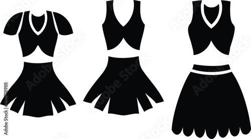 Vector black silhouette illustration set of cheerleading uniforms with pleated skirts and sleeveless or short-sleeve tops ideal for sports design, dance apparel, and athletic outfit themes