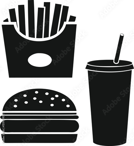 Vector black silhouette icon set showing a burger, fries in container, and takeaway soda cup ideal for food delivery apps, fast food menus, branding, snack packaging, and street food designs