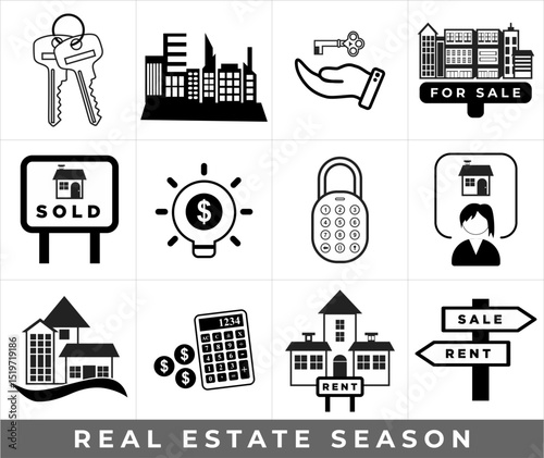 set of icons real estate, home, apartment, sold, rent, sale vector black outline