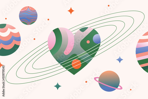 Colorful heart-shaped planet orbiting other planets in a whimsical space scene.
