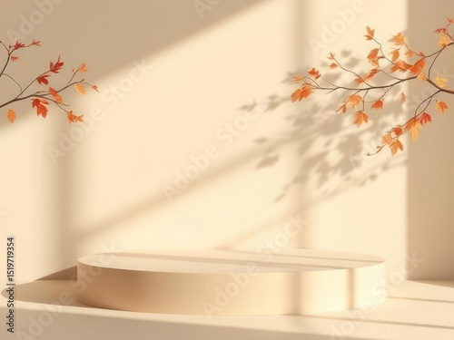 Beige product display podium with autumn leaves