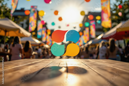Wallpaper Mural A vibrant street festival scene unfolds in the background, partially obscured by a wooden surface and a prominent logo in the foreground, creating a dynamic and festive atmosphere. Torontodigital.ca