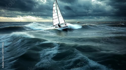 Small sailboat navigating a tumultuous sea during a stormy sky