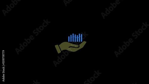 Glowing hand with grow graph investment icon and silver or cyan color animation. Grow Business Graph icon hand showing animation with black background.