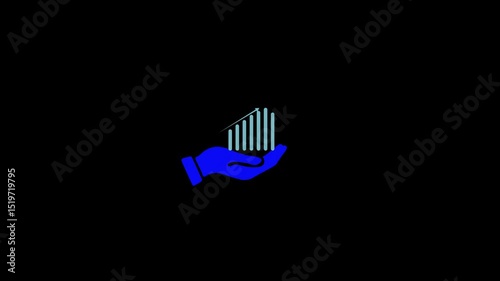 Glowing hand with grow graph investment icon and blue or cyan color animation. Grow Business Graph icon hand showing animation with black background.