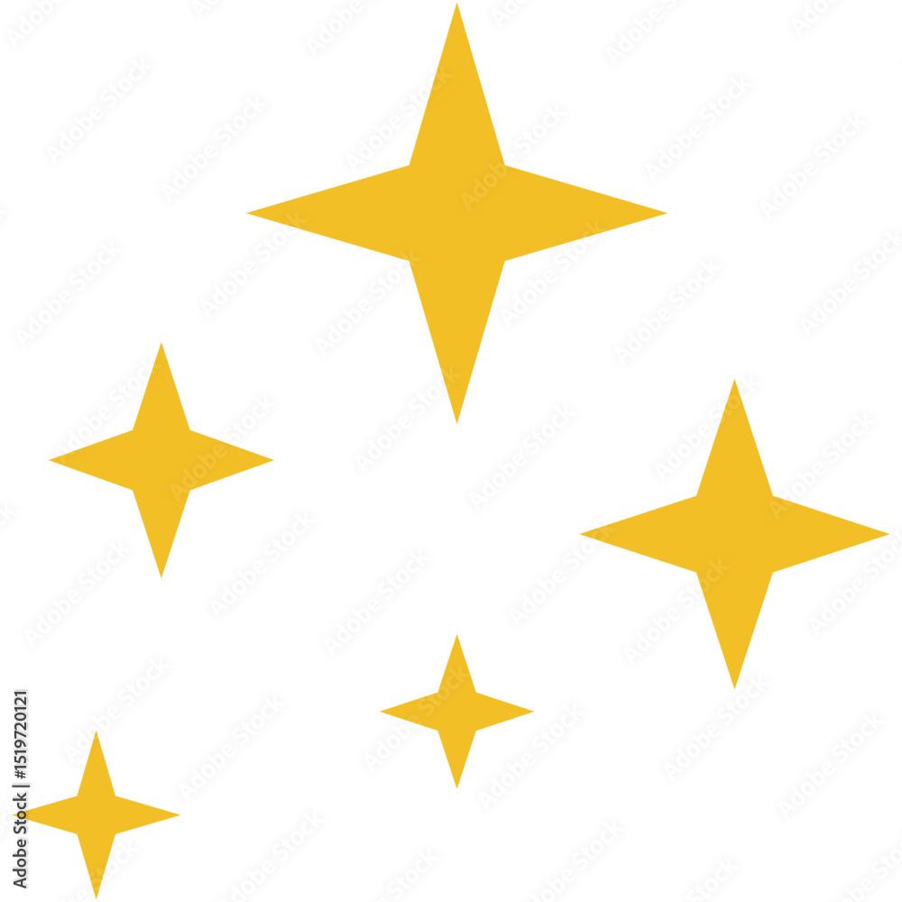 Five golden four-pointed stars in varying sizes, minimalist composition featuring shimmer against isolated background, evokes a feeling of celebration, creating a sense of wonder or magic. Five golden four-pointed stars in varying sizes, minimalist composition featuring shimmer against isolated background, evokes a feeling of celebration, creating a sense of wonder or magic.