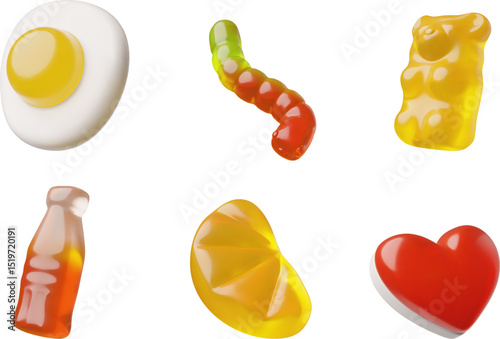 Set of 3D jelly candies of different shapes and colors, bear, worm, heart, egg and bottle.