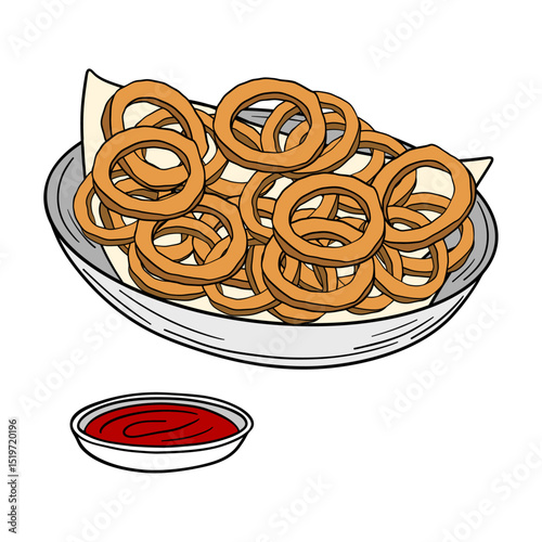 Fresh onion rings with sauce ketchup. American fast food cuisine. Outline food art