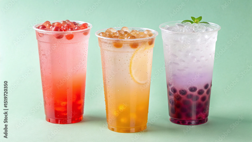 Colorful Soda Drink with boba in tall plastics cups, oragne and strawberry flavor
Colorful Soda Drink with boba in tall plastics cups, oragne and strawberry flavor
