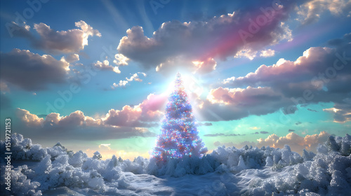 Magical Winter Landscape with Glowing Christmas Tree and Clouds