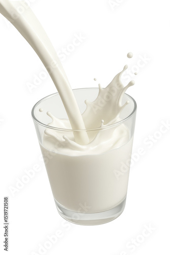 A glass of milk is poured into a glass, creating a splash. Concept of freshness and simplicity, as milk is a basic and essential food item. The splash of milk also adds a sense of movement