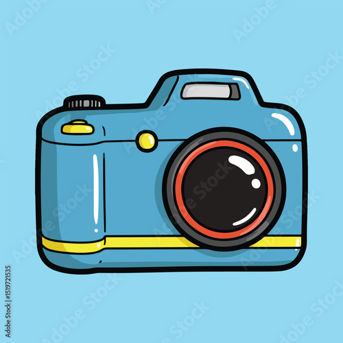 Cartoon camera vector graphic with zoom lens and flash, fun exaggerated illustration style
