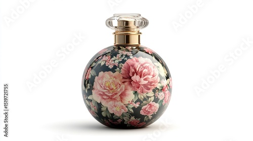 Round perfume bottle, dark background with large pink flowers, gold accents
