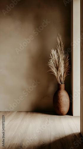 Rustic Vase With Dried Flowers In Empty Room