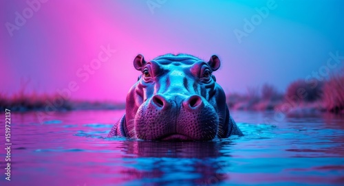 Majestic Hippo Emerging from the Water, Bathed in Neon Hues of Pink and Blue