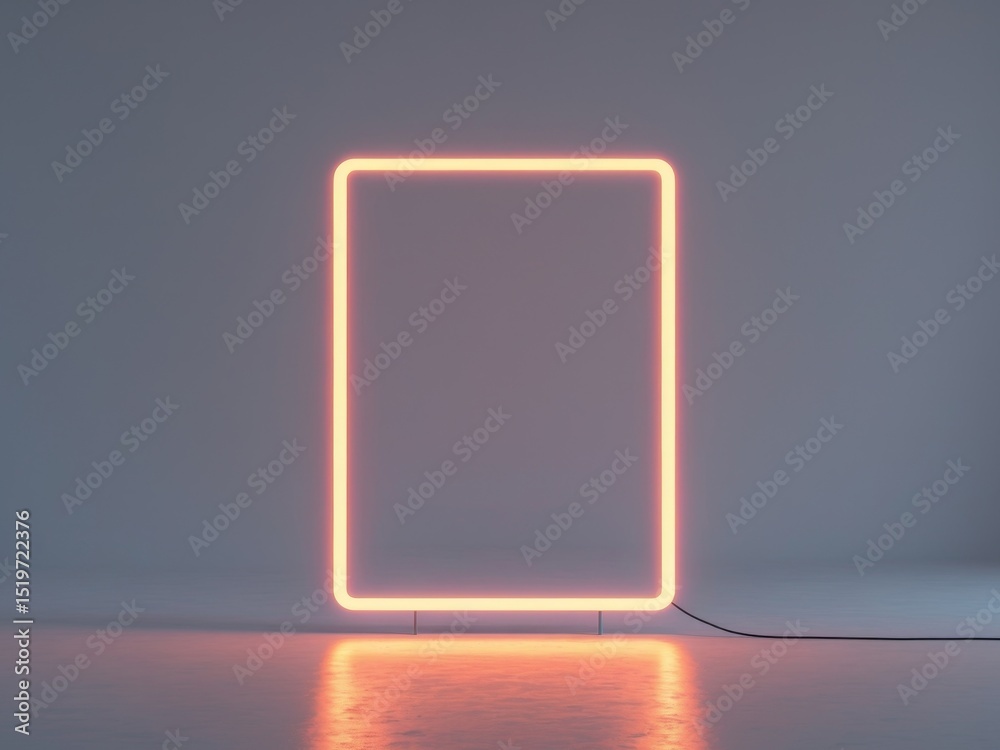 Minimalist Rectangular Neon Light Sculpture with Warm Orange Glow and Reflected Light. Minimalist Rectangular Neon Light Sculpture with Warm Orange Glow and Reflected Light.