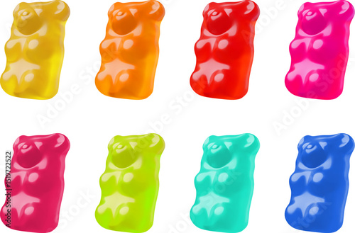 Chewy jelly gummy bears different colors 3D vector set, sweet candy dessert, realistic animal marmalade confectionery