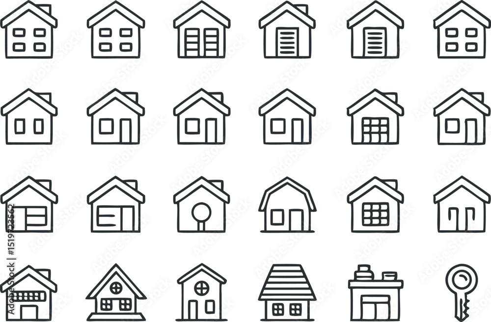 Collection of diverse hand drawn house icons representing homes and real estate concepts Collection of diverse hand drawn house icons representing homes and real estate concepts