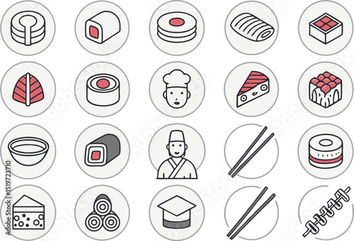 Collection of delicious sushi icons with chefs and asian food elements