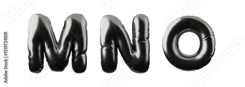 3D alphabet uppercase letters M N O from black inflated balloon vector icons set, volume metallic Latin typing symbol