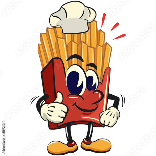 funny french fries cartoon mascot as chef give thumbs up, fast food vector character isolated on white, work of hand drawn