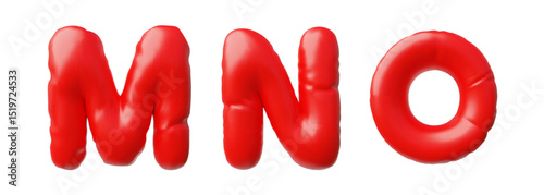 English alphabet uppercase letters M N O from red inflated balloon 3D vector icon, render typing symbols puffy font sign