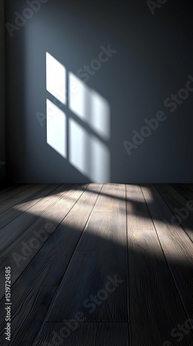 Empty Room With Sunlight Shadows On Wooden Floor