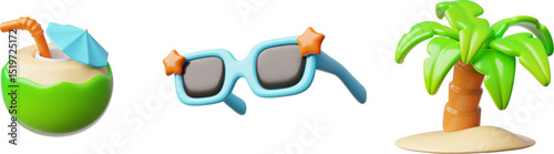 Blue sunglasses with star decoration, coconut cocktail with straw and umbrella, palm tree on sand, summer 3D vector set