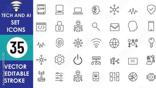 A vector icon set featuring 35 tech and AI symbols including CPU, fingerprint, network nodes, robot, email, power button, settings, face profile, and globe