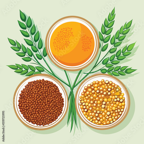 Three Bowls of Grains and Legumes with Wheat Ears