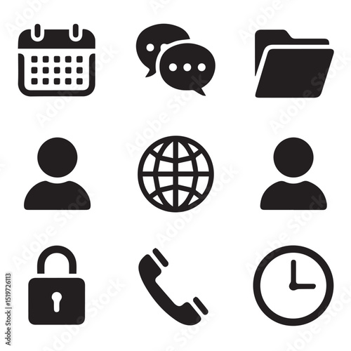 Web icon set vector illustration: diverse business, computer, and communication symbols for internet and technology, including phone, email, and network signs