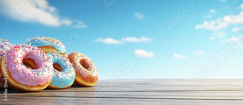 Colorful doughnuts with pastel glaze and vibrant sprinkles on a wooden table against a blue sky background, 3D rendering, Copy space for text and food design.