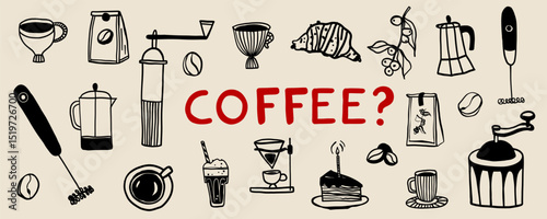 Coffee cup cafe icon doodle hand drawn illustration branding vector illustration set. Drink promotion beverage banner flyer menu collection in simple sketchy whimsical retro style.