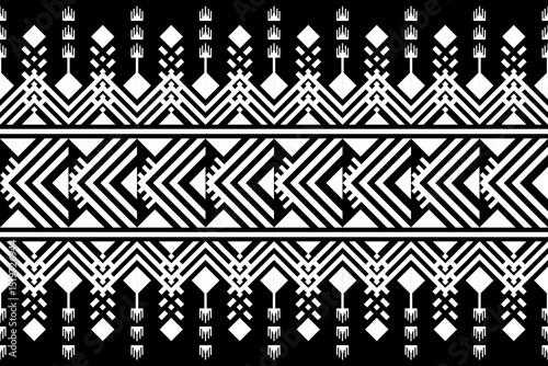 Black and white geometric tribal pattern in a native, African-inspired style. Symmetrical and abstract design suitable for backgrounds, textiles, decor, or graphic projects.
