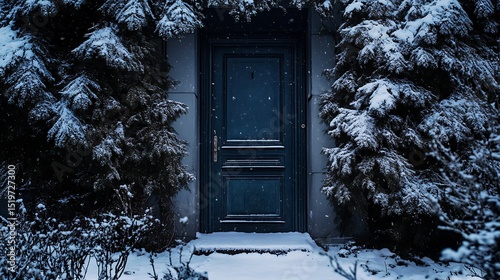雪降る夜、植物に囲まれた神秘的な青い扉
