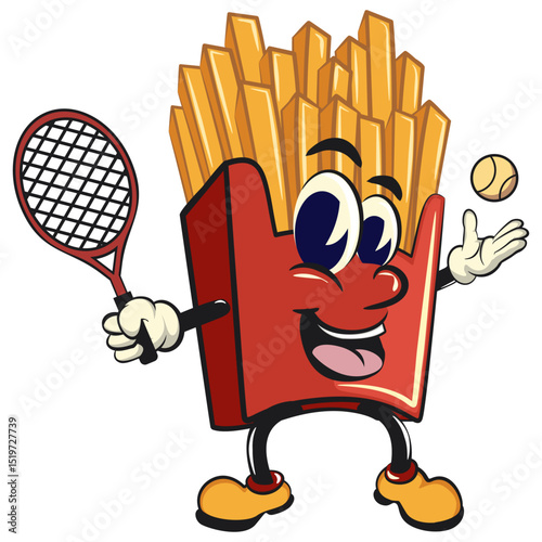 funny french fries cartoon mascot playing tennis, fast food vector character isolated on white, work of hand drawn