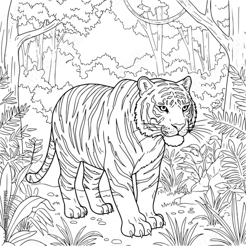 tiger live in the forest, coloring pages