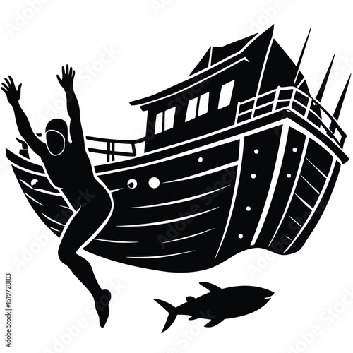 Dramatic Dive Shipwreck Silhouette Illustration