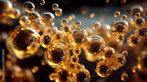 Golden Bubbles in Liquid with Abstract Background and Light Reflection